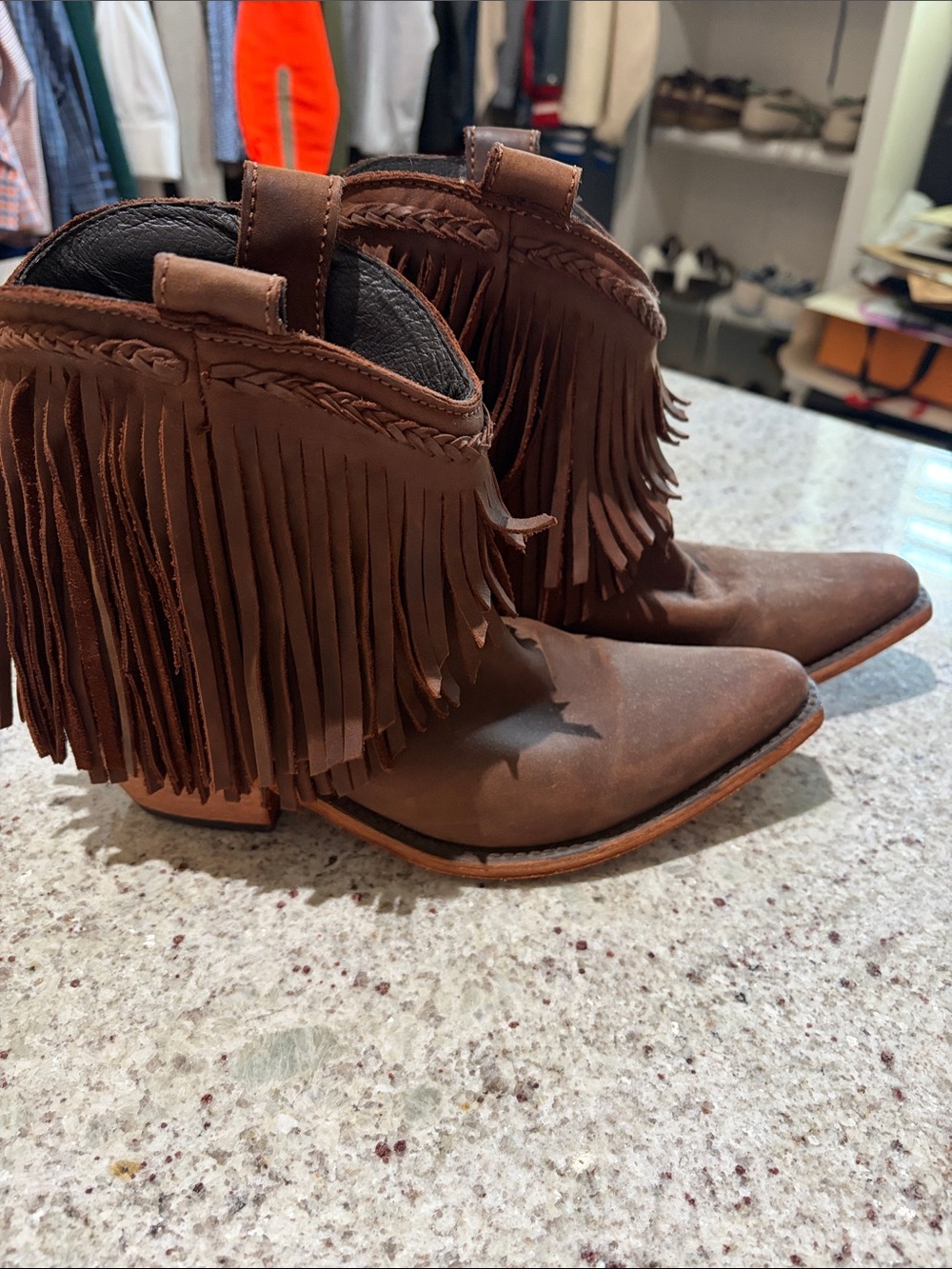 LIBERTY Black Brown Fringe Leather Western Ankle Boots
